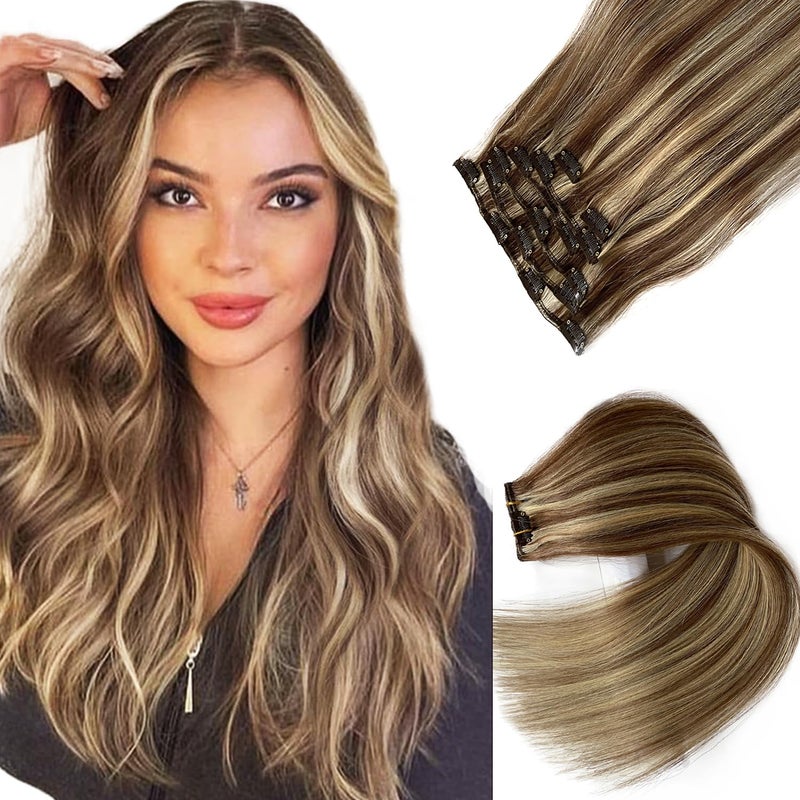 Ubetta Clip in Hair Extensions Real Human Hair Clip in Extensions,20 Inch Chestnut Brown Balayage Blonde Highlights Real Hair Extensions Clip in Remy Human Hair 7 Pieces 70G Double Weft Clip ins Extensions - Image 1